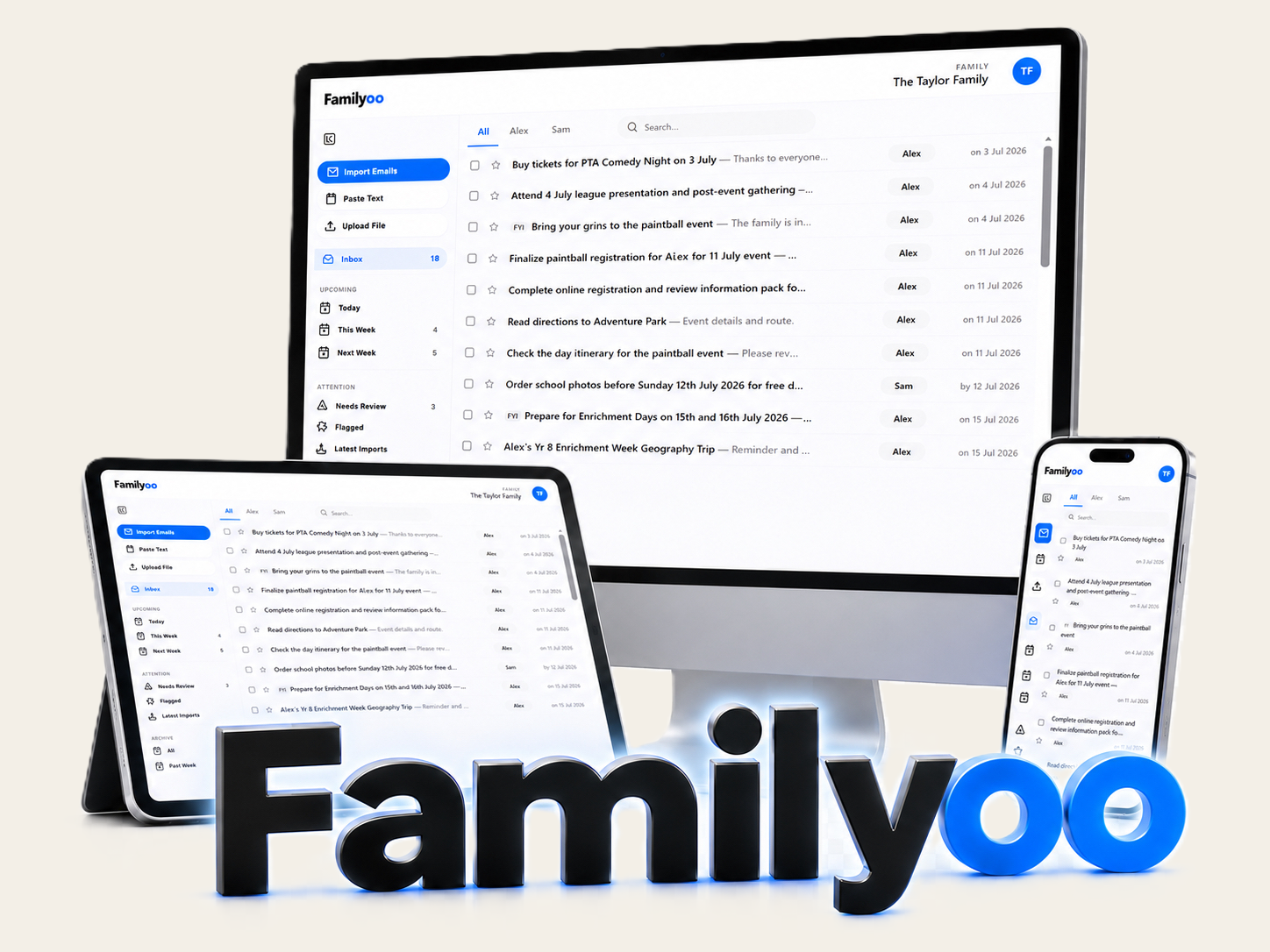 Familyoo showing a family's action inbox across desktop, tablet and phone