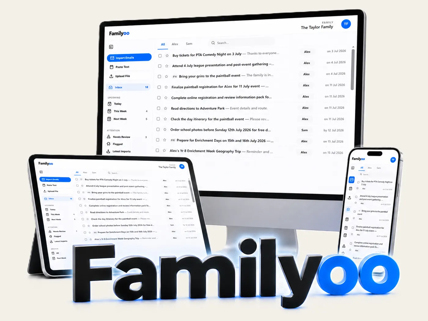 Familyoo’s shared family inbox open on a desktop monitor, a tablet and a phone.